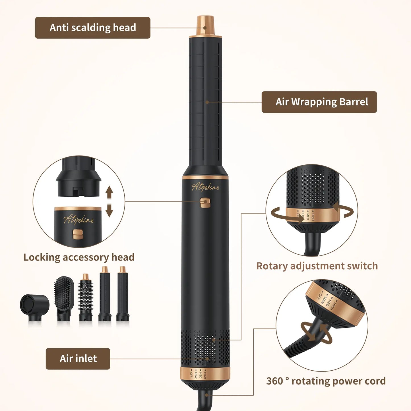 ATOPSKINS 5-in-1 Air Styler, Lightweight Hair Dryer & Hot Air Curlers with Diffuser & Curly Hair Brush